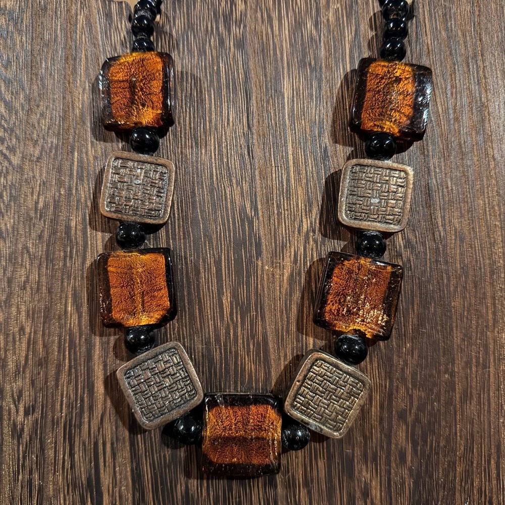 Unbranded Beaded Statement Necklace Women OS Amber Black Pewter Geometric Chunky